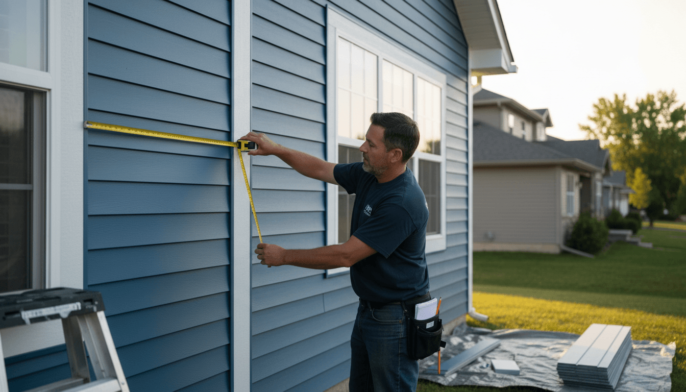 Professional contractor measuring exterior home siding on residential house
