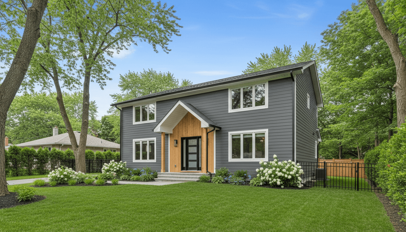 Modern home with new siding and eavestroughs under clear sky, showcasing completed exterior improvements.
